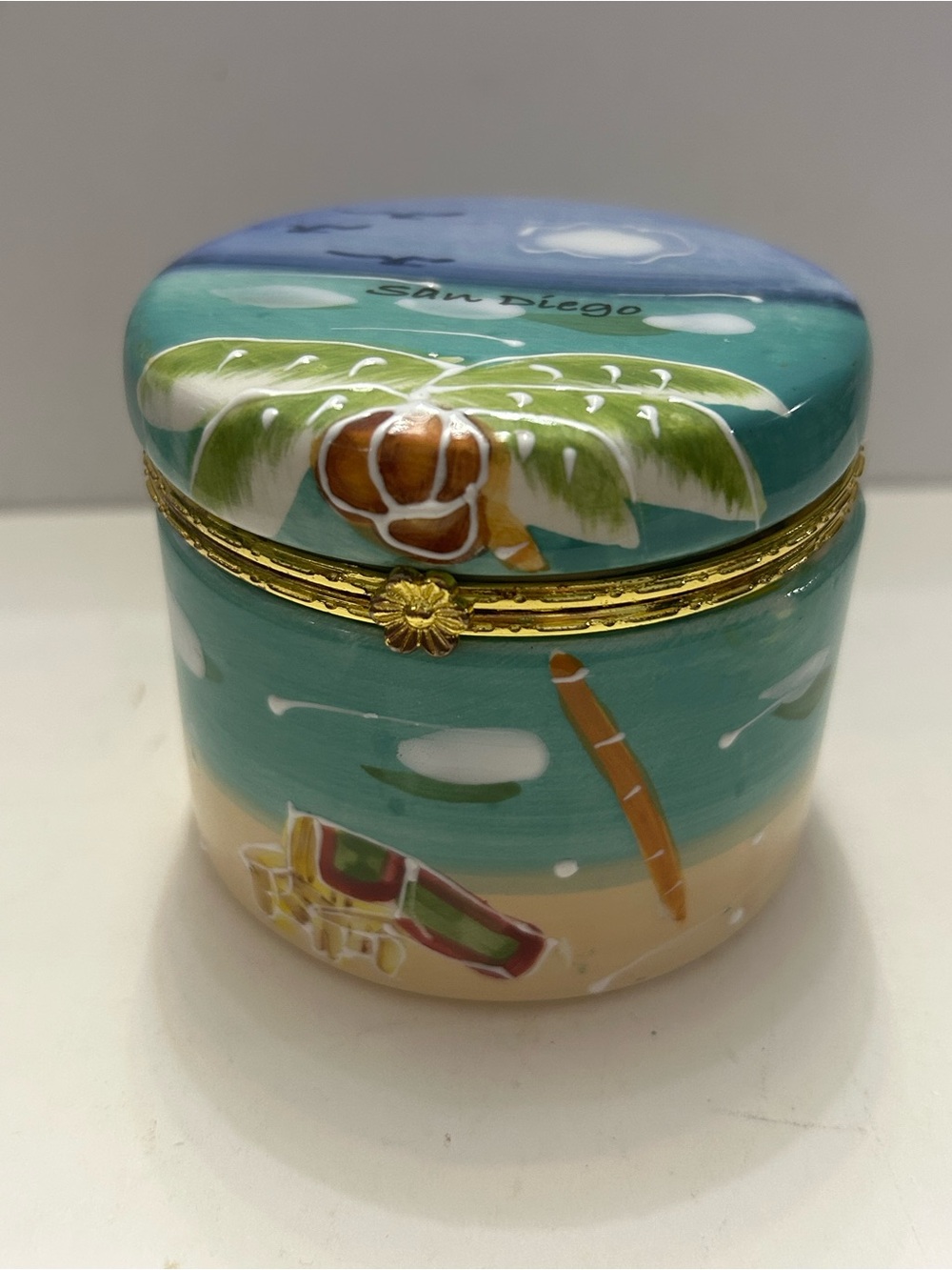 Vintage Hand-Painted Ceramic Trinket Box Beach Palm Design San Diego